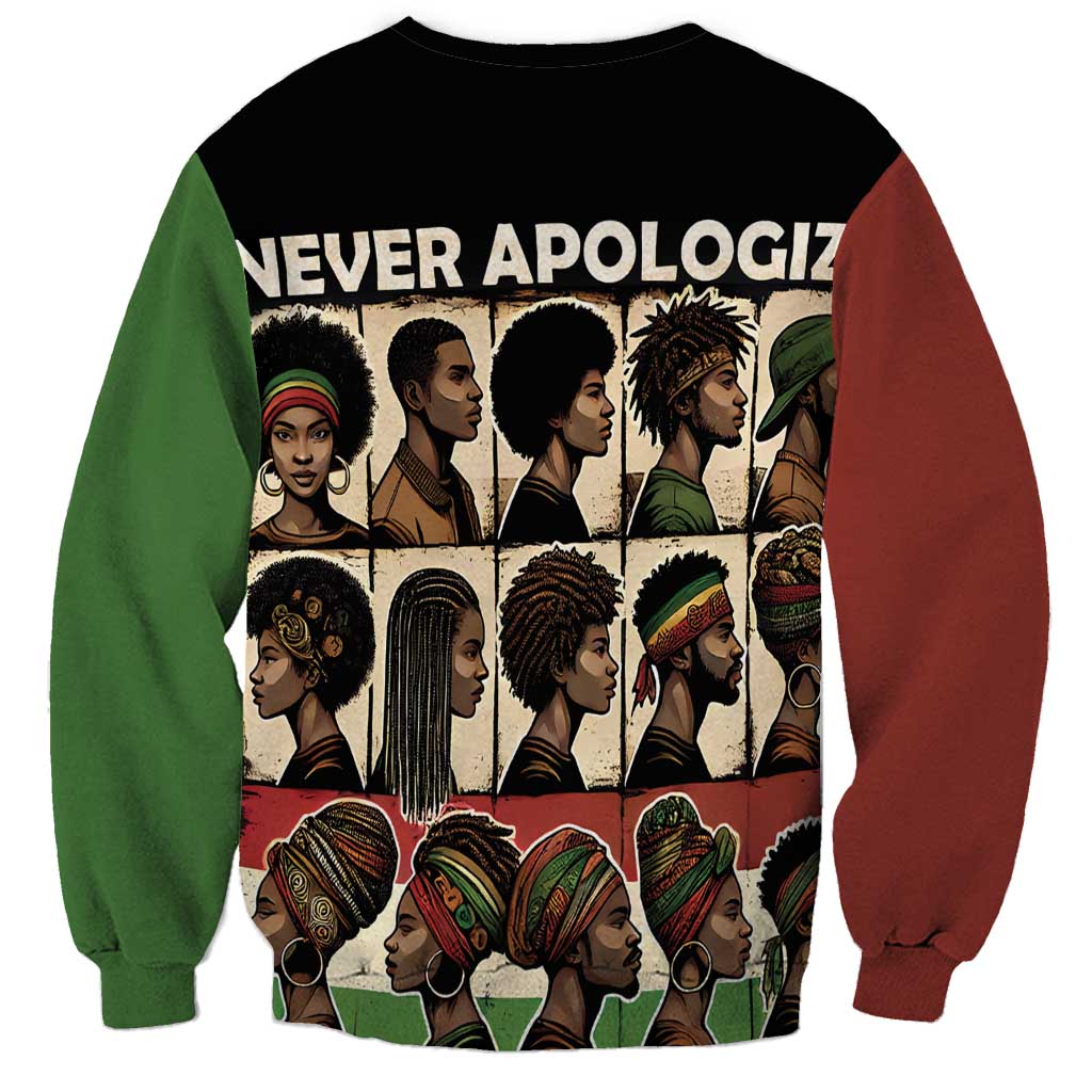 Unisex crewneck sweatshirt with black body, portrait collage graphic, red and green sleeves