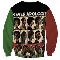 Unisex crewneck sweatshirt with black body, portrait collage graphic, red and green sleeves