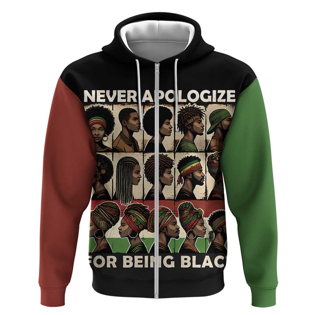 Never Apologize for Being Proudly Black Zip Hoodie African Human - Wonder Print Shop