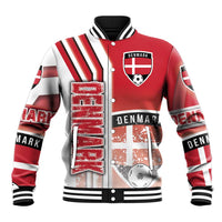 Red and white Denmark football varsity jacket with striped sleeves and snap front
