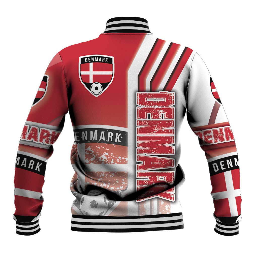 Red and white Denmark varsity jacket back with vertical patch and striped sleeves