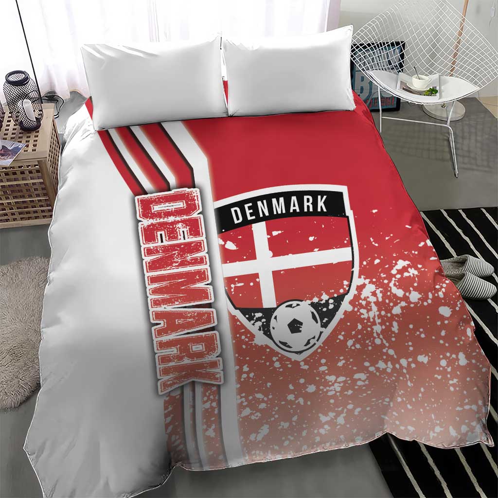 Red Denmark-themed football duvet set featuring crest, soccer ball, and striped side panel