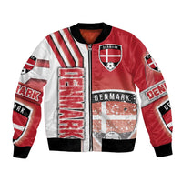 Red bomber jacket with Denmark crest, striped sleeves, zip front, ribbed cuffs