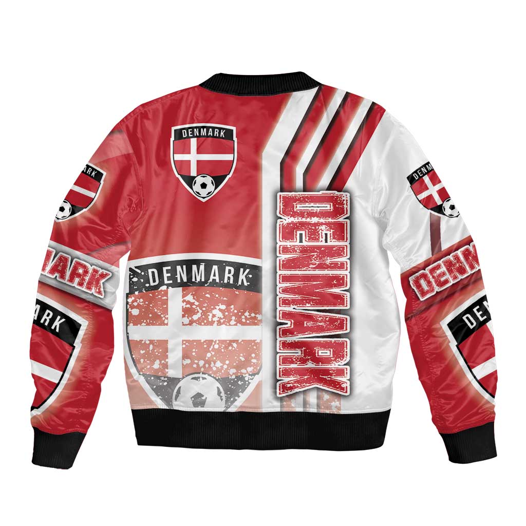 Red-and-white bomber jacket with Denmark shield patch, graphic center panel, zip front