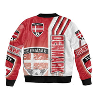 Red-and-white bomber jacket with Denmark shield patch, graphic center panel, zip front