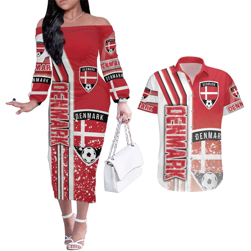 Denmark Football Couples Matching Off The Shoulder Long Sleeve Dress and Hawaiian Shirt Danish Dynamite Soccer - Road To Champion