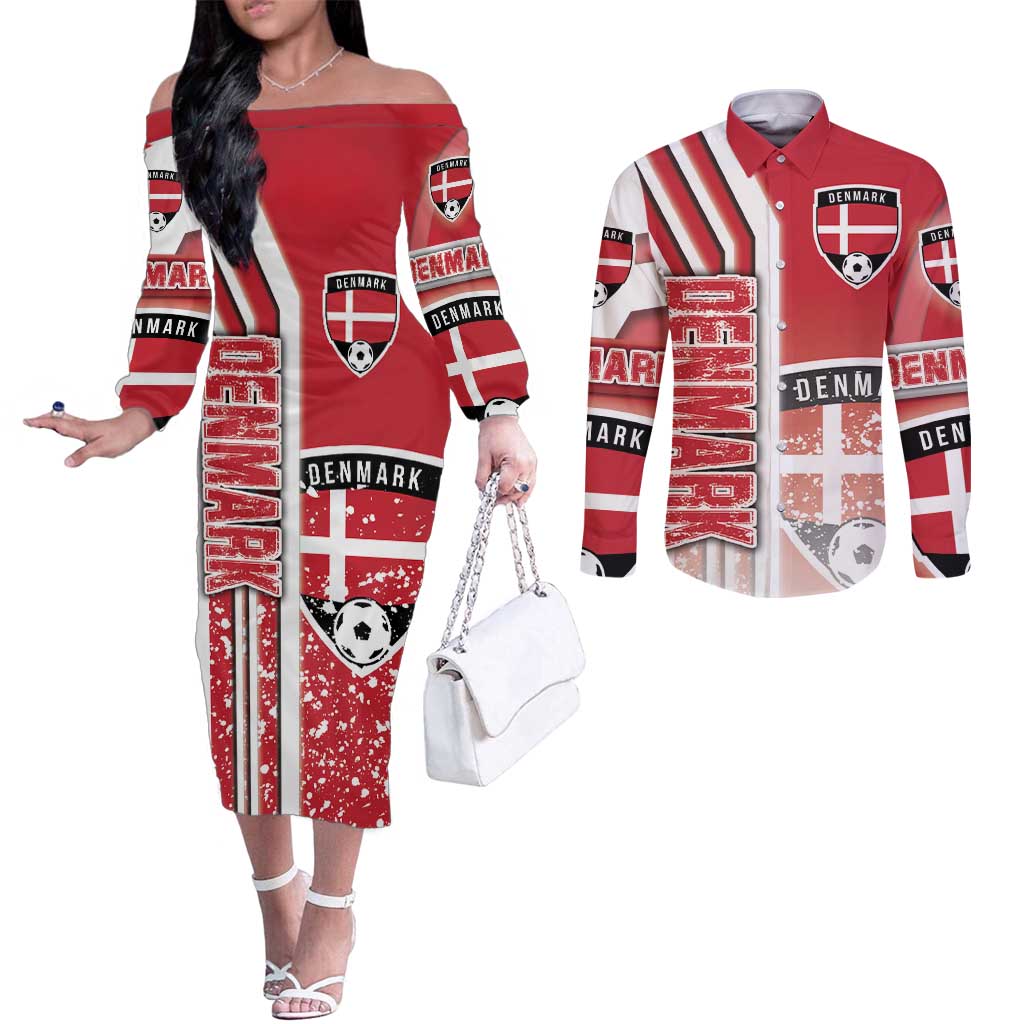 Denmark Football Couples Matching Off The Shoulder Long Sleeve Dress and Long Sleeve Button Shirt Danish Dynamite Soccer - Road To Champion