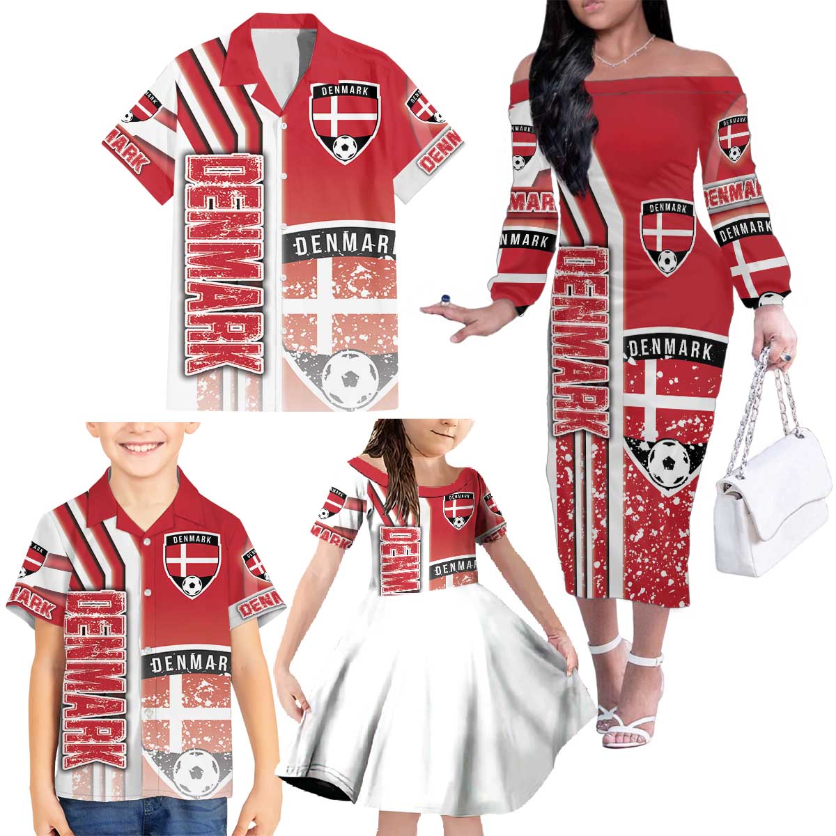 Denmark Football Family Matching Off The Shoulder Long Sleeve Dress and Hawaiian Shirt Danish Dynamite Soccer - Road To Champion