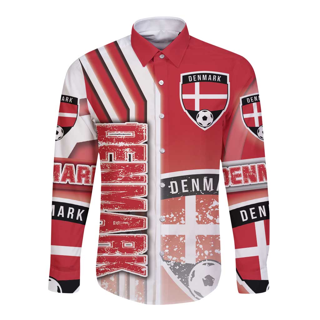 Red Denmark soccer long-sleeve button shirt with striped sleeves and crest logo