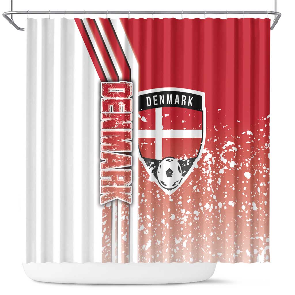 Red and white Denmark shower curtain with shield crest, striped banner, and splatter print