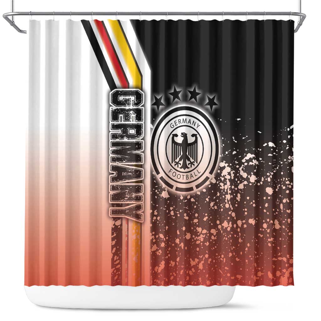 Germany football shower curtain with crest, stars, and black/red splatter design