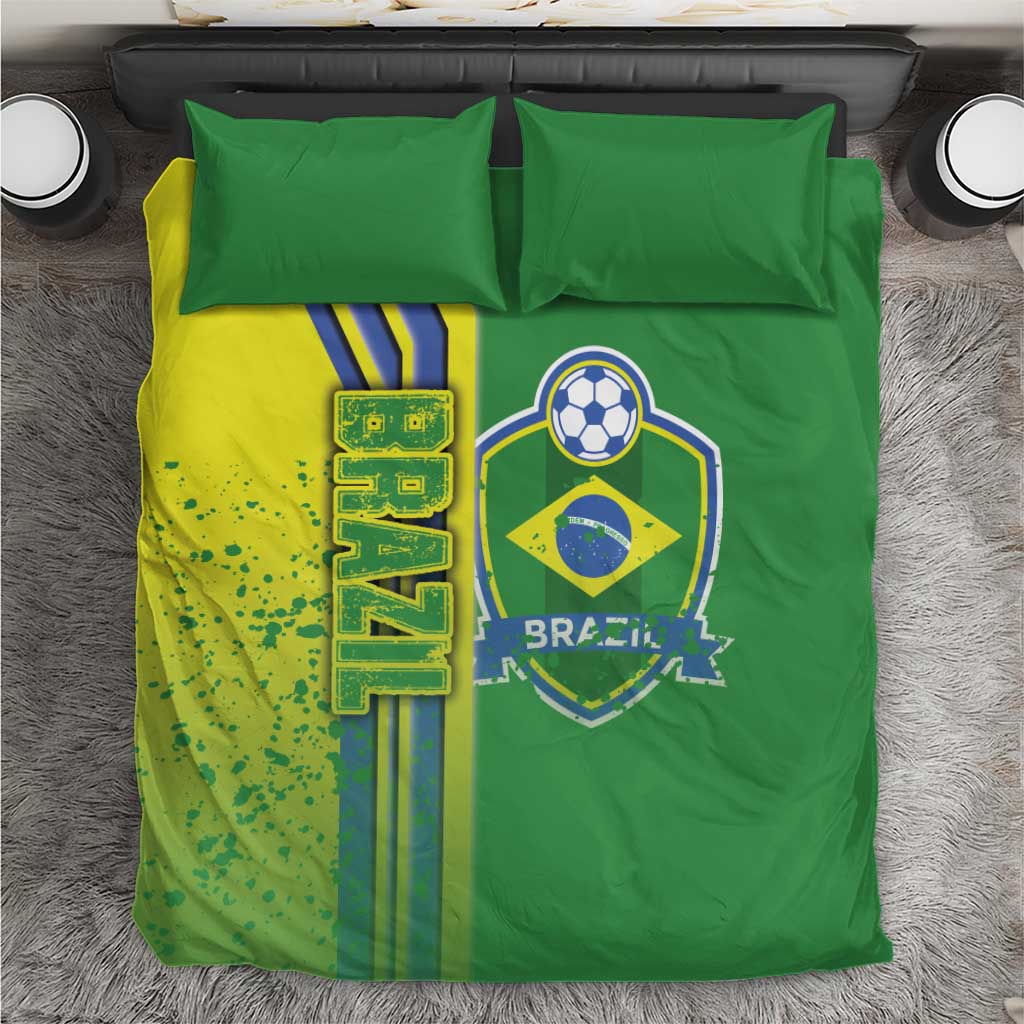 Green soccer bedding set with Brazil crest, yellow side panel, and blue stripes on duvet