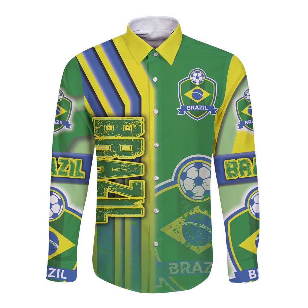 Green long-sleeve button soccer shirt with yellow collar, blue stripes, Brazil crest
