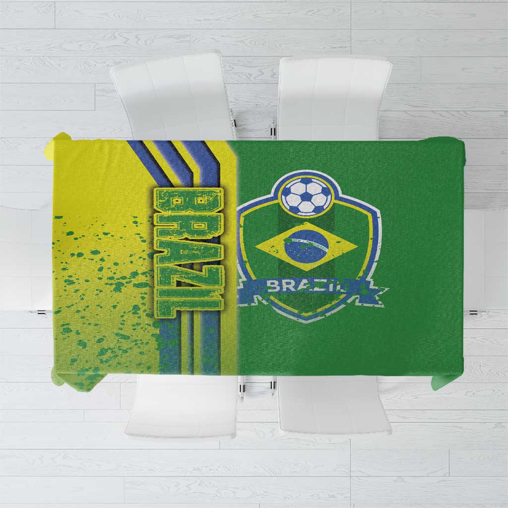 Green soccer tablecloth with Brazil crest and blue-and-yellow vertical stripe panel