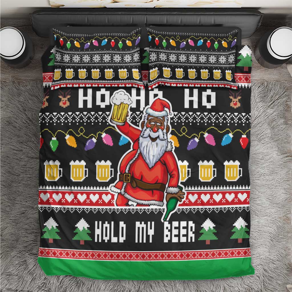 Black Christmas bedding set with Santa holding a beer and “HOLD MY BEER” text, green trim