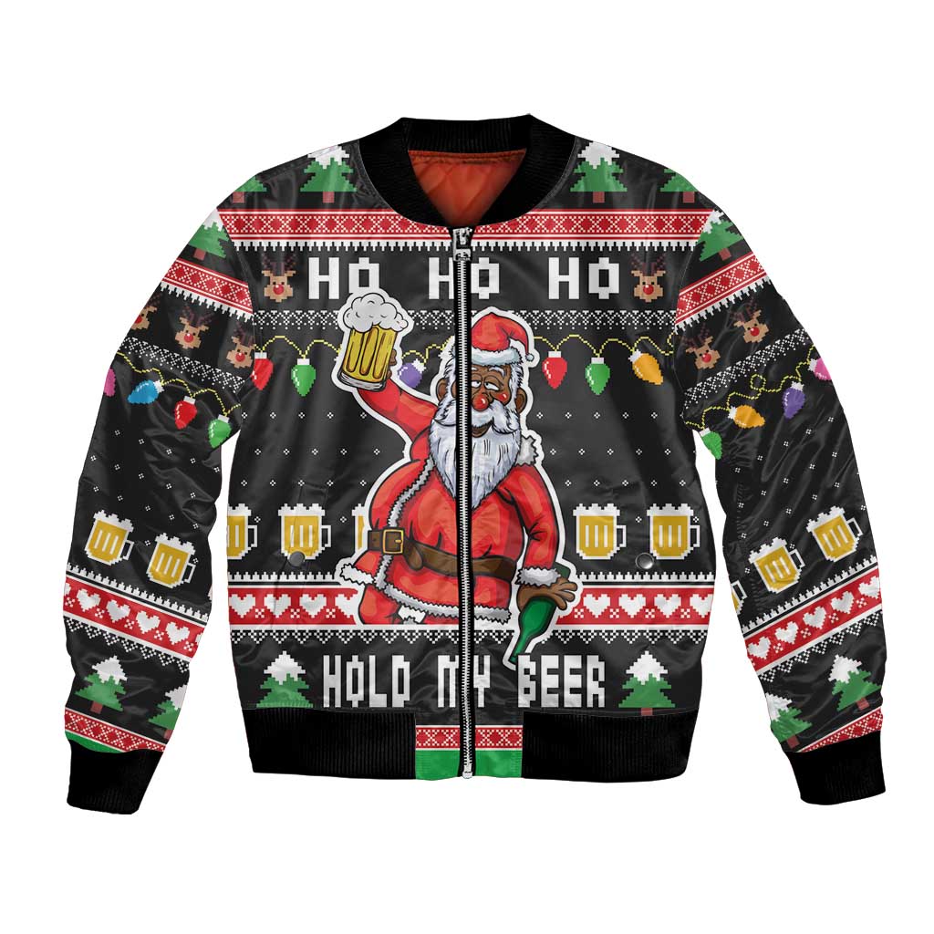 Black unisex bomber jacket with Santa holding beer graphic and festive Christmas pattern