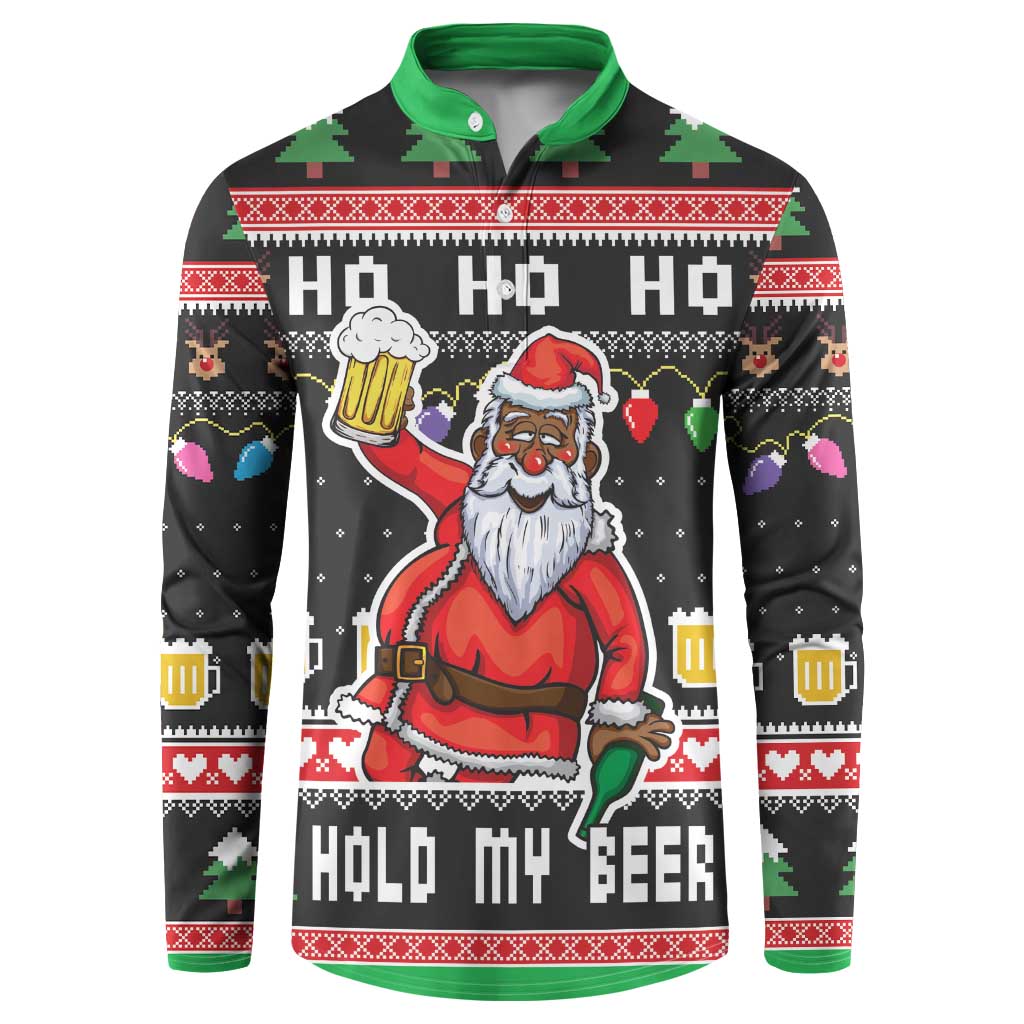Black button-up holiday sweatshirt with green collar, large Santa and beer mug front graphic