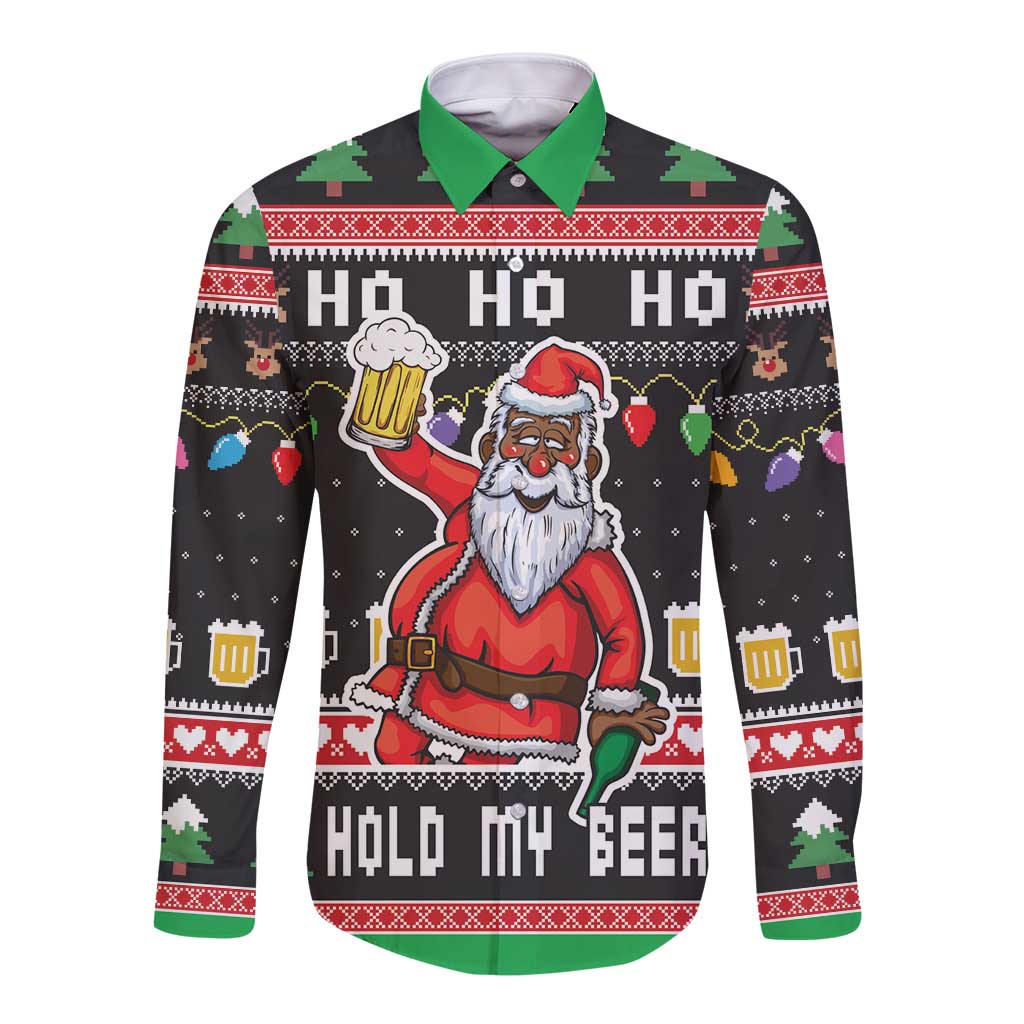 Unisex black long-sleeve hooded button shirt with Santa holding beer graphic