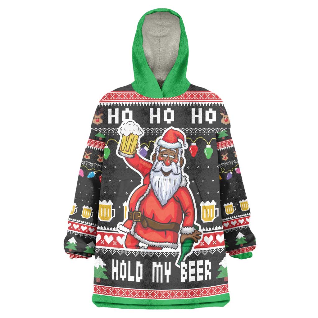 Ho Ho Ho Hold My Beer Santa African Wearable Blanket Hoodie Laugh With Beer On Christmas