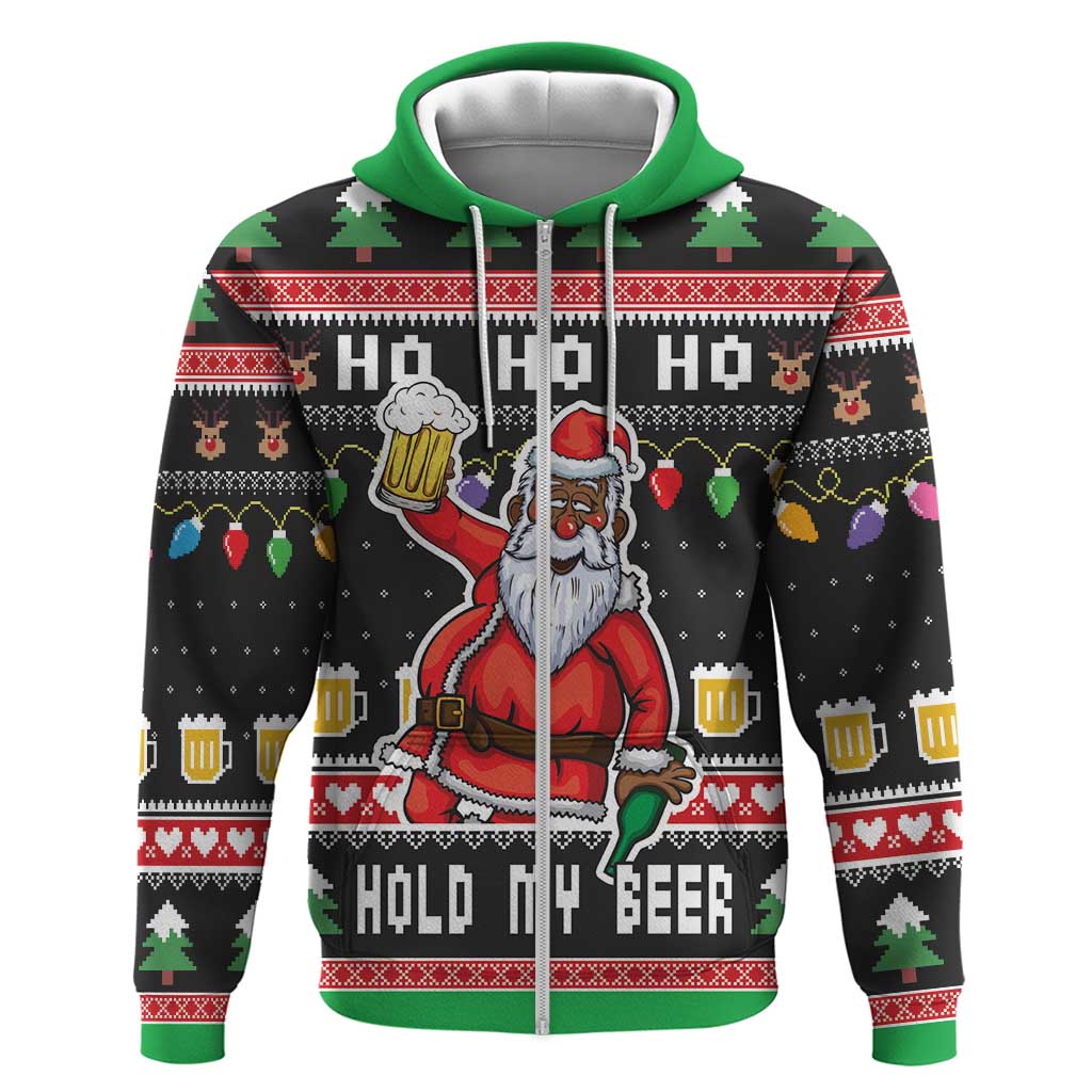 Ho Ho Ho Hold My Beer Santa African Zip Hoodie Laugh With Beer On Christmas - Wonder Print Shop