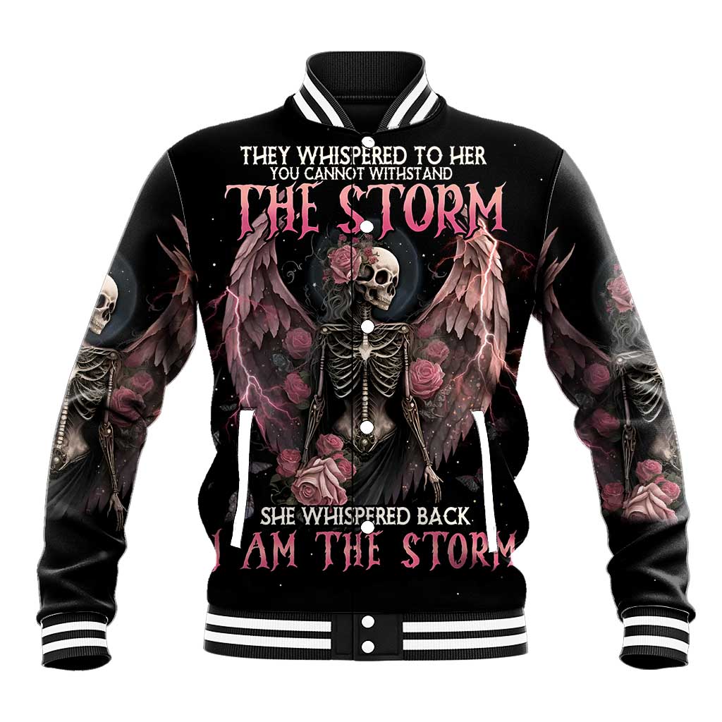 Black unisex baseball jacket with front skeleton skull, roses, and wing graphic
