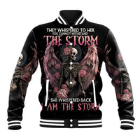 Black unisex baseball jacket with front skeleton skull, roses, and wing graphic