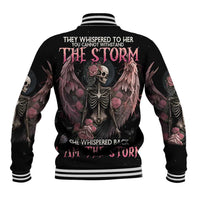Black unisex baseball jacket with back skeleton skull, roses, and wings graphic