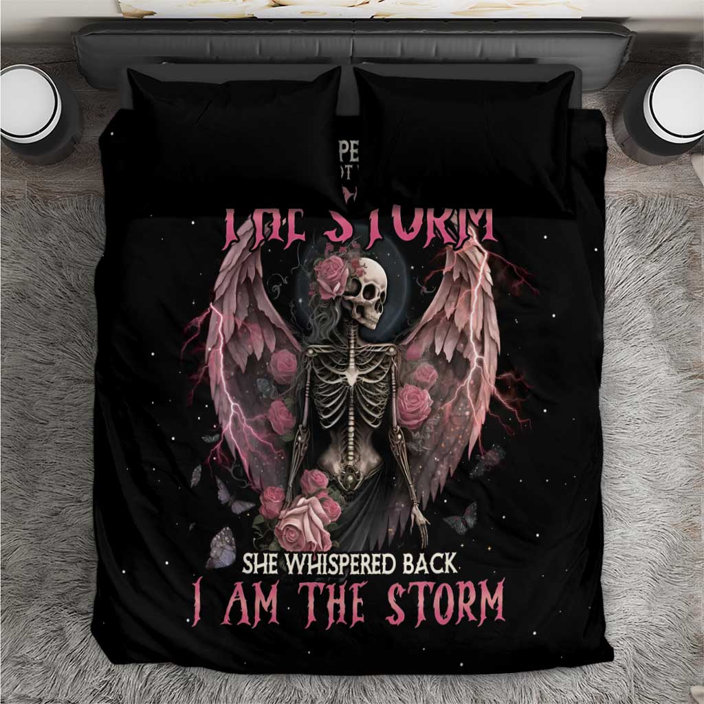 Black bedding set with skeleton angel, pink roses and wings, plus 2 matching pillow covers