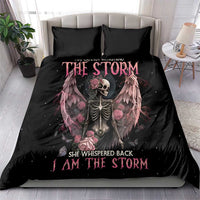 Black bedding set showing skeleton angel with pink roses and wings on duvet with matching pillows