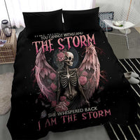 Black bedding set with skeleton angel center graphic, pink roses, winged design and text