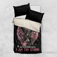 Black bedding set featuring skeleton angel with pink roses and wings on duvet and 2 pillow covers