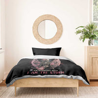 Black duvet bedding set with skeleton angel and pink roses wings graphic on a wooden bed frame
