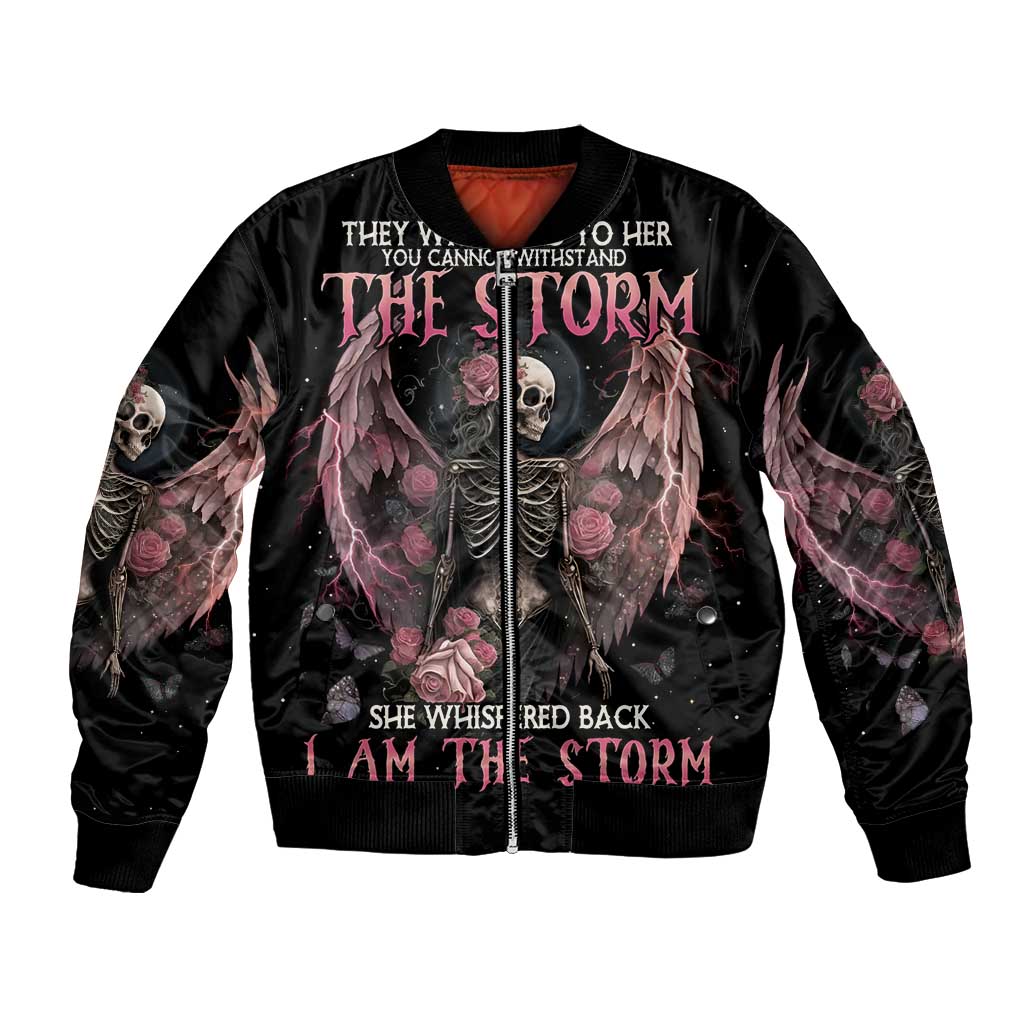 Black bomber jacket with skull and pink rose wing graphic, full front zip