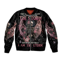 Black bomber jacket with skull and pink rose wing graphic, full front zip