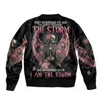 Black bomber jacket with back skull, pink roses, and wing art, full zip