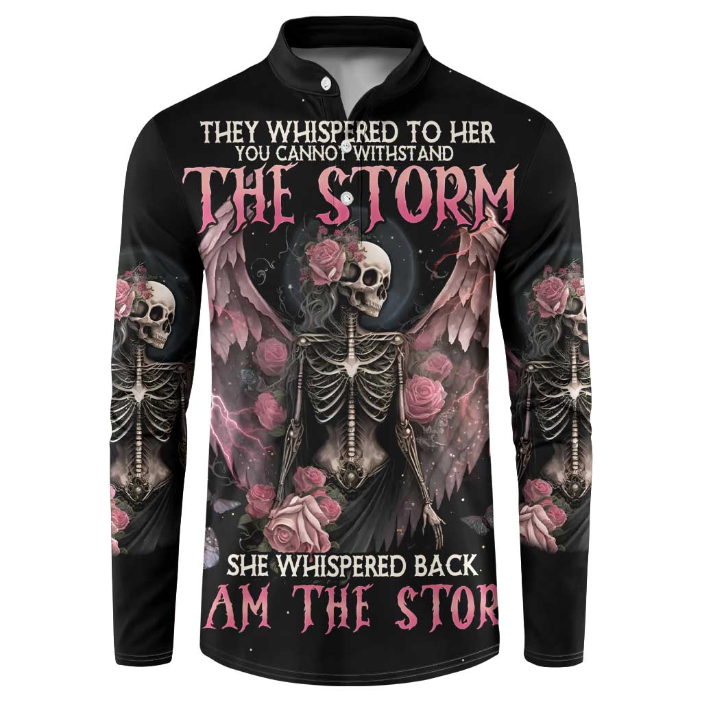 Black sweatshirt with skull-and-wings graphic, roses, and skeleton ribcage print