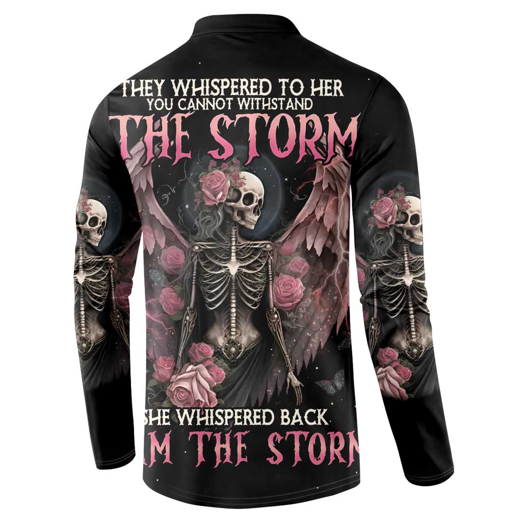Black sweatshirt back graphic with skull, wings, roses, and ribcage skeleton print