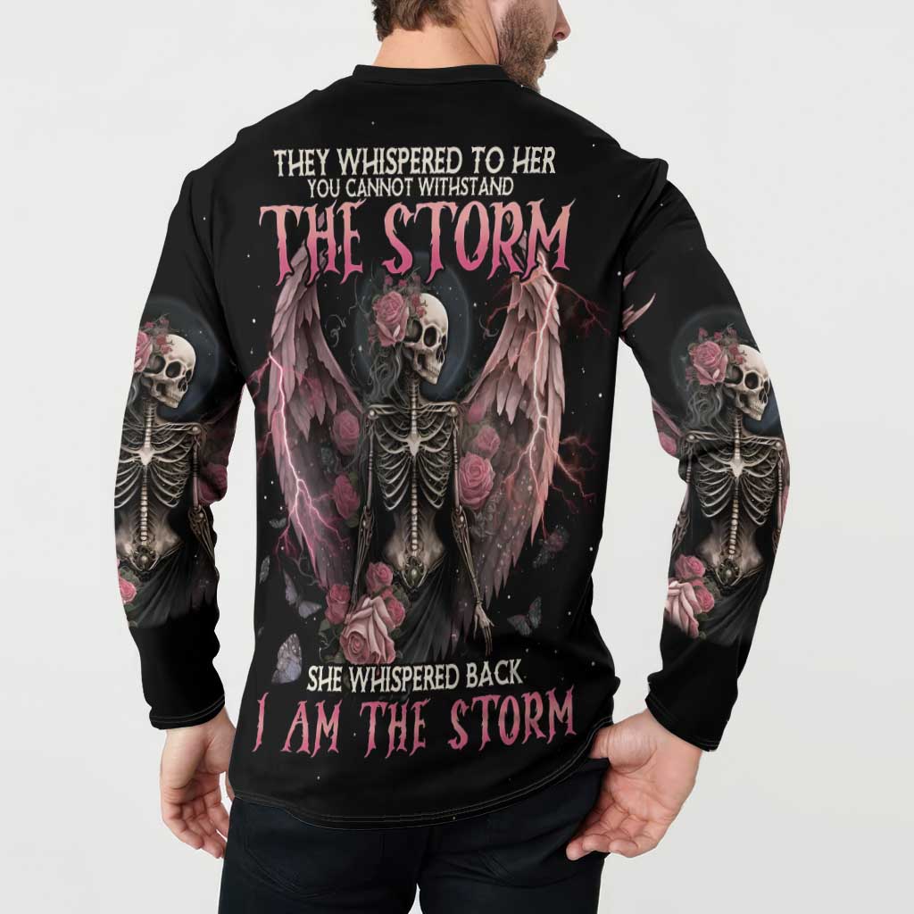 Black sweatshirt on model with large back skull, wings, roses, and slogan graphic