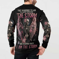 Black sweatshirt on model with large back skull, wings, roses, and slogan graphic