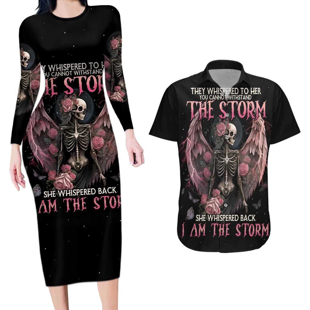 I Am The Storm Skeleton Roses Wings Couples Matching Long Sleeve Bodycon Dress and Hawaiian Shirt Skull Art - Wonder Print Shop