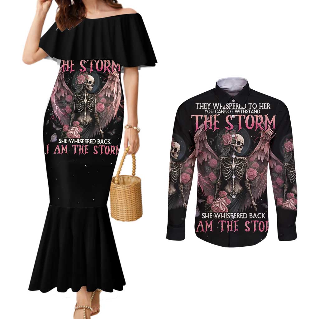 I Am The Storm Skeleton Roses Wings Couples Matching Mermaid Dress and Long Sleeve Button Shirt Skull Art