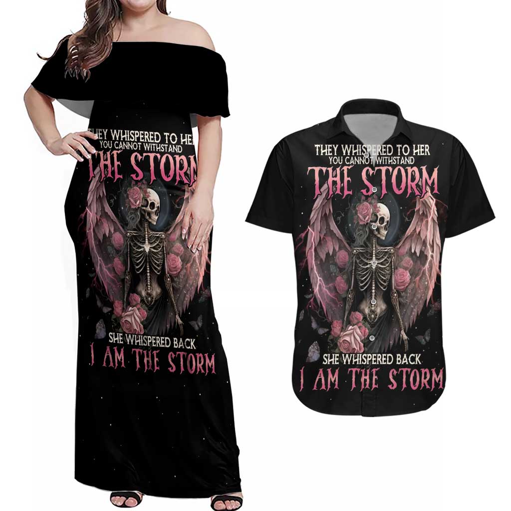 I Am The Storm Skeleton Roses Wings Couples Matching Off Shoulder Maxi Dress and Hawaiian Shirt Skull Art - Wonder Print Shop