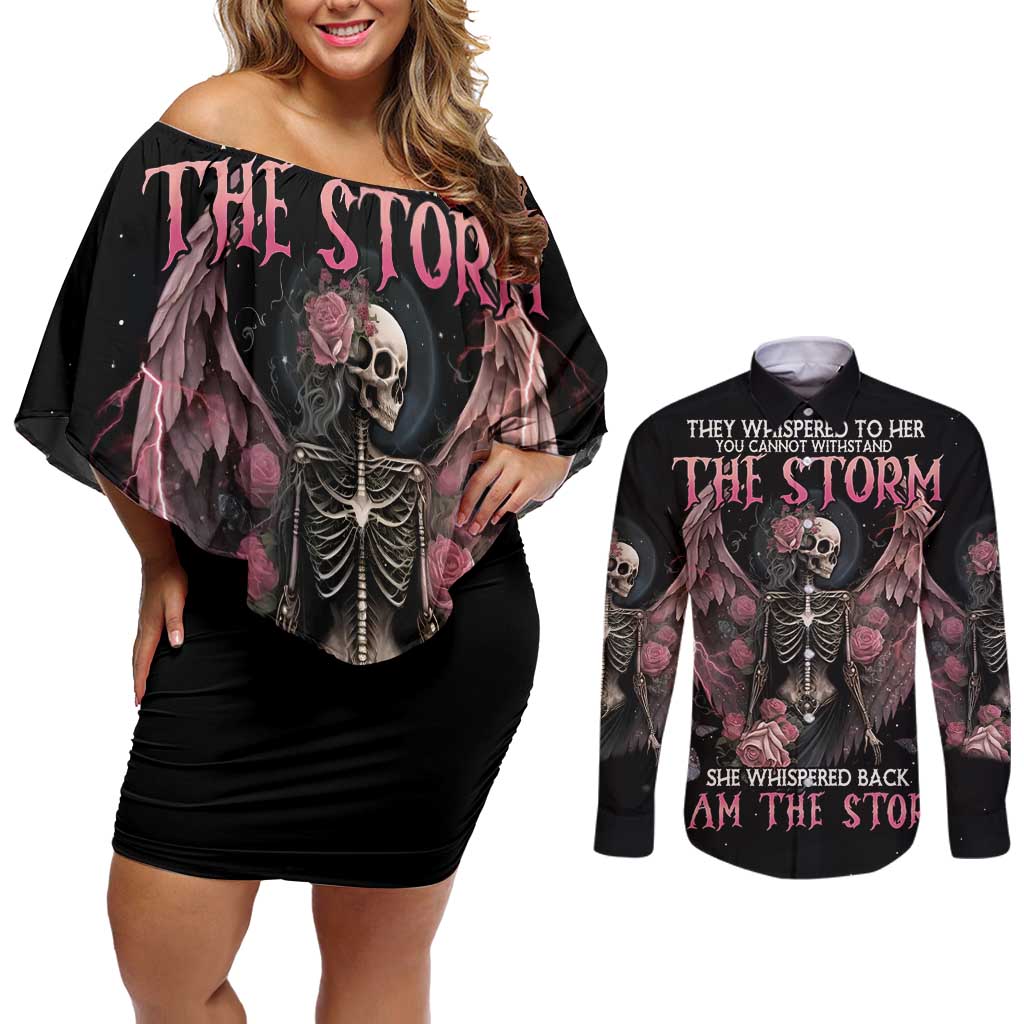 I Am The Storm Skeleton Roses Wings Couples Matching Off Shoulder Short Dress and Long Sleeve Button Shirt Skull Art - Wonder Print Shop