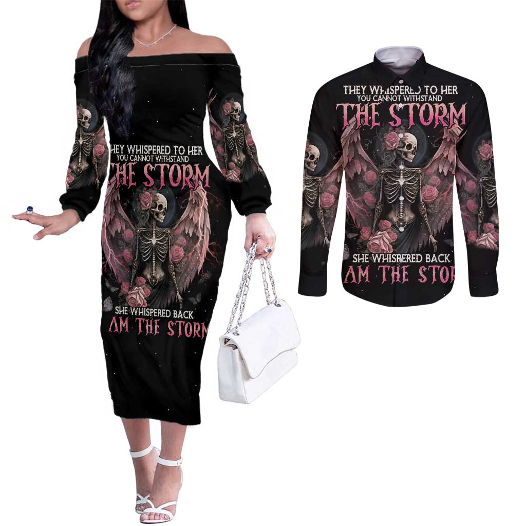 I Am The Storm Skeleton Roses Wings Couples Matching Off The Shoulder Long Sleeve Dress and Long Sleeve Button Shirt Skull Art