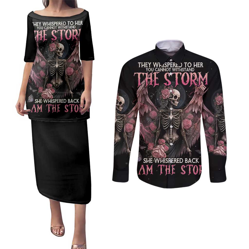 I Am The Storm Skeleton Roses Wings Couples Matching Puletasi and Long Sleeve Button Shirt Skull Art - Wonder Print Shop