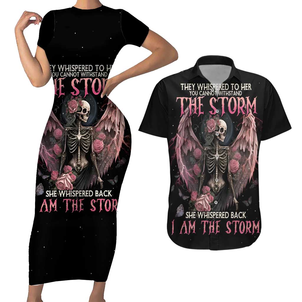 I Am The Storm Skeleton Roses Wings Couples Matching Short Sleeve Bodycon Dress and Hawaiian Shirt Skull Art - Wonder Print Shop