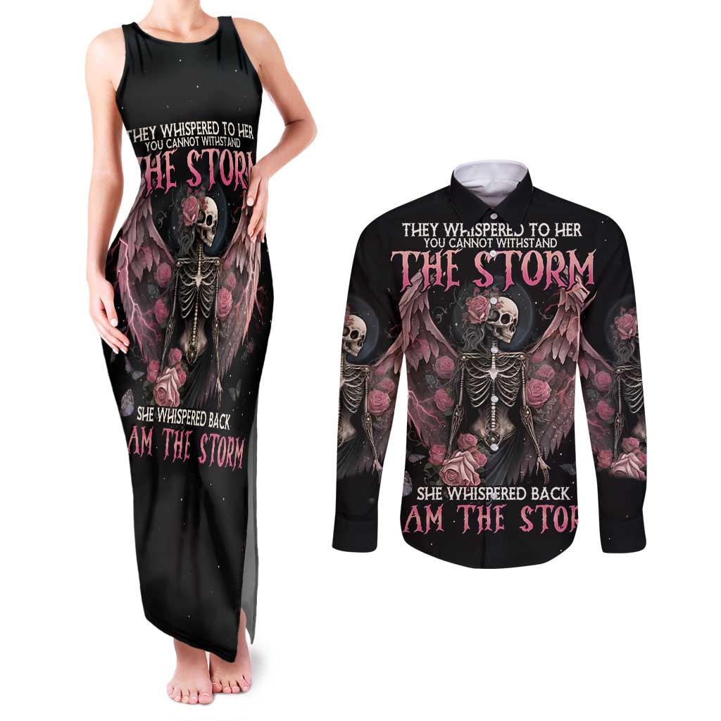 I Am The Storm Skeleton Roses Wings Couples Matching Tank Maxi Dress and Long Sleeve Button Shirt Skull Art - Wonder Print Shop