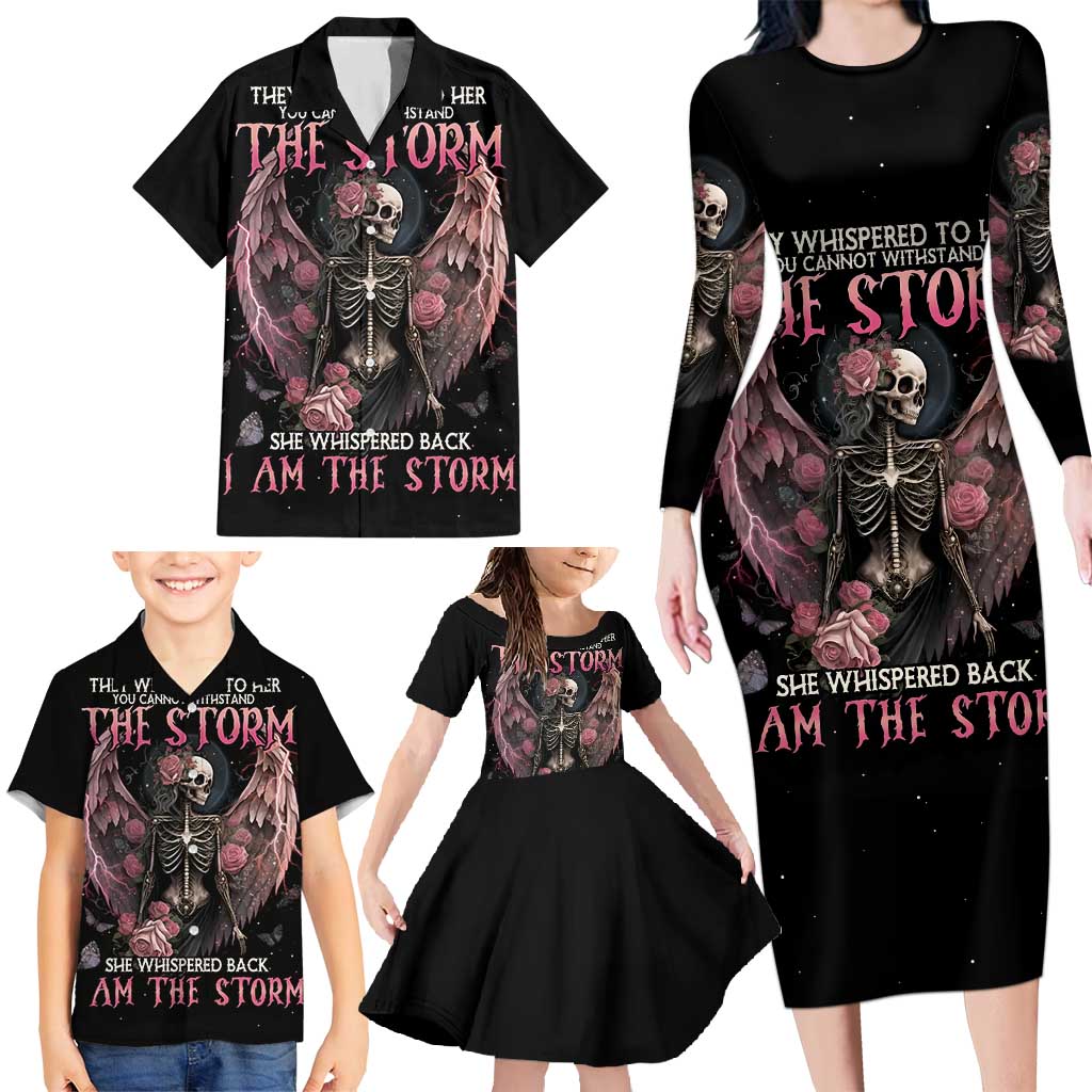 I Am The Storm Skeleton Roses Wings Family Matching Long Sleeve Bodycon Dress and Hawaiian Shirt Skull Art - Wonder Print Shop