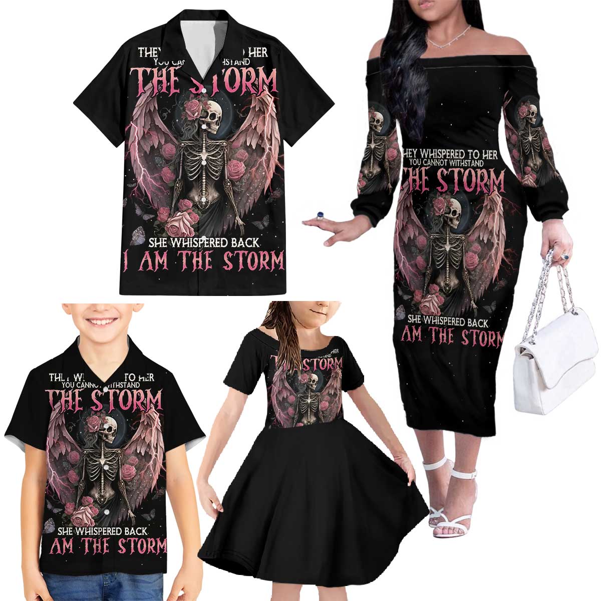 I Am The Storm Skeleton Roses Wings Family Matching Off The Shoulder Long Sleeve Dress and Hawaiian Shirt Skull Art - Wonder Print Shop