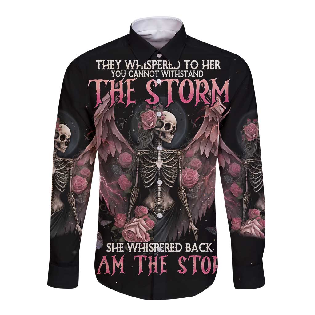 Black long-sleeve button shirt with skull, roses, and winged skeleton artwork